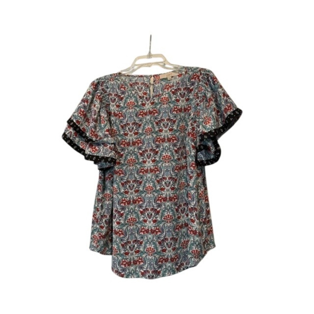 LOFT Womens Floral Damask Ruffle Sleeve Blouse Red Blue Size L EUC